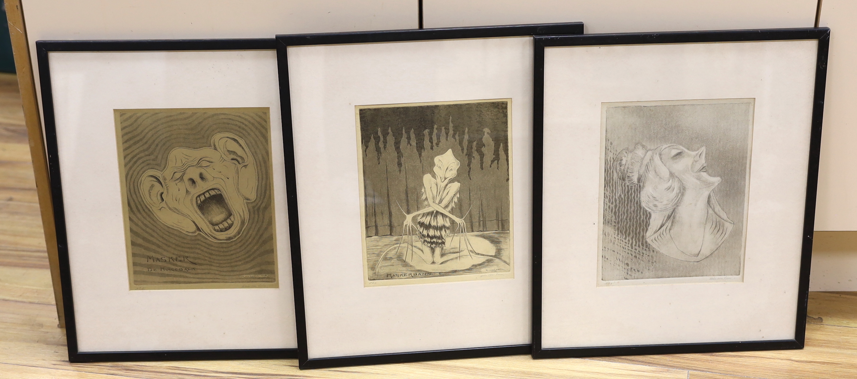 Hendrik Von Essen (1886-1947), three etchings, including 'Masker de Huilebalk' and 'Masker dans', each signed in pencil, 24 x 19cm